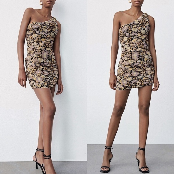 Zara Floral Print One Shoulder Mini Dress - Picture 3 of 12